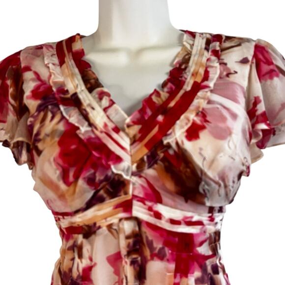 Sundance Silk Y2K Cream & Pink Floral Vneck Top, Size 2, Flutter Sleeves, Fitted - Picture 2 of 10